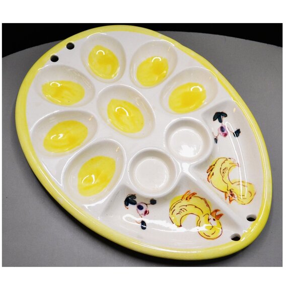 Vintage Deviled Egg Tray Ceramic Chicks Yellow Rim Easter Serving Plate” - Picture 3 of 3